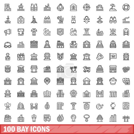 Ilustración de 100 iconos de bahía. Esquema ilustración de 100 iconos de la bahía conjunto vectorial aislado sobre fondo blanco - Imagen libre de derechos