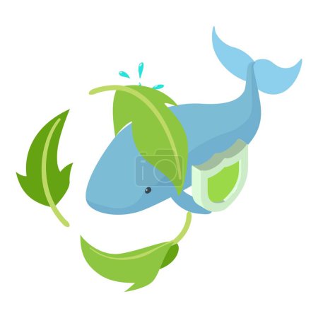 Illustration for Ocean protection icon isometric vector. Blue whale in leaf circle behind shield. Ecology, environmental protection - Royalty Free Image