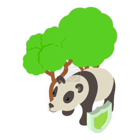 Illustration for Animal protection icon isometric vector. Panda under tree protected by shield. Vanishing specie, environmental protection - Royalty Free Image