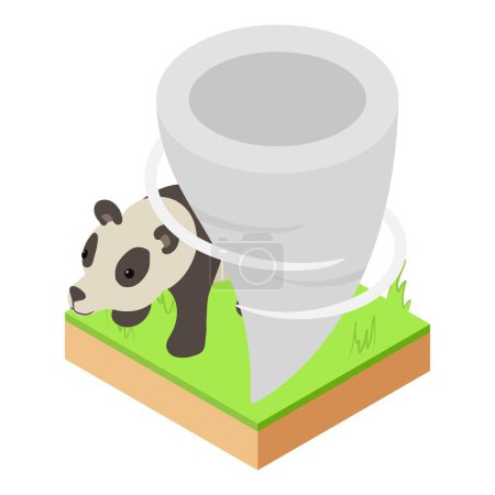 Illustration for Tornado icon isometric vector. Strong whirlwind on piece of land with panda icon. Hurricane, cyclone, typhoon, extreme weather - Royalty Free Image