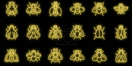 Téléchargez les illustrations : Les icônes de mouche Tsetse définissent le vecteur de contour. Un insecte dangereux. Maison animal couleur néon sur noir - en licence libre de droit
