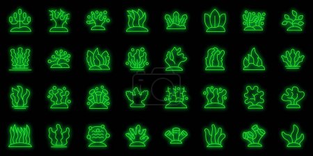 Illustration for Algae icons set outline vector. Spirulina plant. Sea grass neon color on black - Royalty Free Image