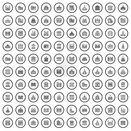 Téléchargez les illustrations : Ensemble de 100 icônes d'architecture. Illustration schématique de 100 icônes vectorielles d'architecture isolées sur fond blanc - en licence libre de droit