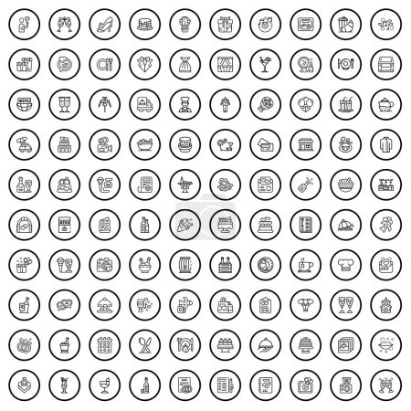 Téléchargez les illustrations : Ensemble de 100 icônes de banquet. Illustration schématique de 100 icônes de banquet ensemble vectoriel isolé sur fond blanc - en licence libre de droit