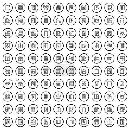 Téléchargez les illustrations : Ensemble de 100 icônes de bâtiment. Illustration schématique de 100 icônes de bâtiment ensemble vectoriel isolé sur fond blanc - en licence libre de droit