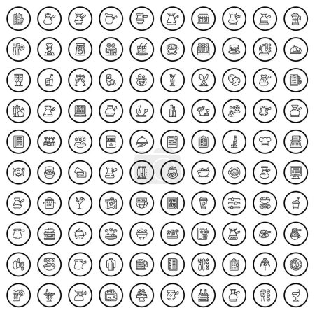 Téléchargez les illustrations : Ensemble de 100 icônes de café. Illustration schématique de 100 icônes de café ensemble vectoriel isolé sur fond blanc - en licence libre de droit