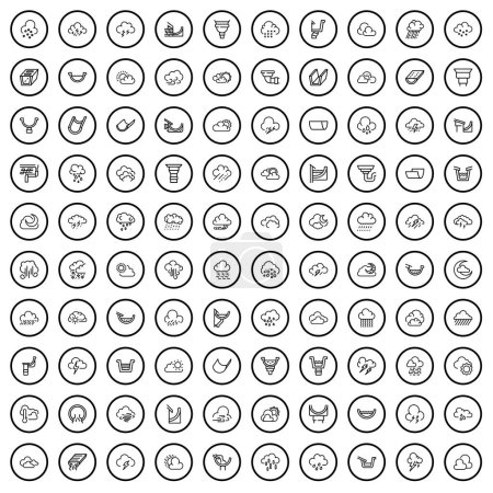 Téléchargez les illustrations : Ensemble de 100 icônes de pluie. Illustration schématique de 100 icônes de pluie ensemble vectoriel isolé sur fond blanc - en licence libre de droit
