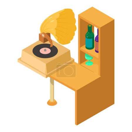Illustration for Retro gramophone icon isometric vector. Vintage music gramophone on wooden table. Music concept, retro party - Royalty Free Image