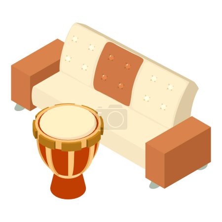 Illustration for Darbuka icon isometric vector. Percussion music instrument near upholstered sofa. Music concept - Royalty Free Image