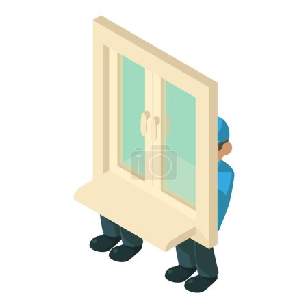 Illustration for Window installation icon isometric vector. Worker carry window for installation. Repair and construction concept - Royalty Free Image