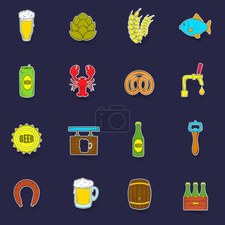 Illustration for Beer icons set stikers collection vector with shadow on purple background - Royalty Free Image