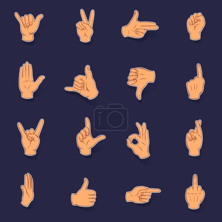 Illustration for Hand icons set stikers collection vector with shadow on purple background - Royalty Free Image