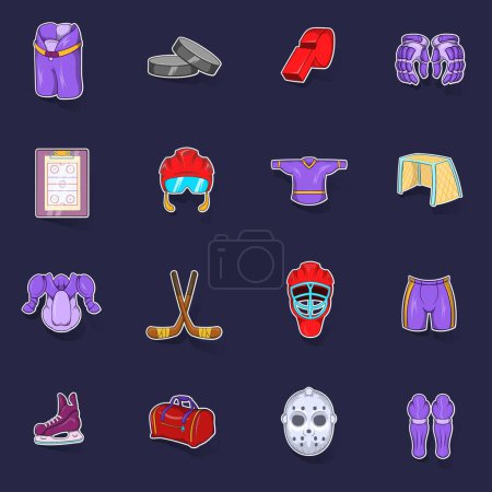 Illustration for Hockey Icons set stikers collection vector with shadow on purple background - Royalty Free Image