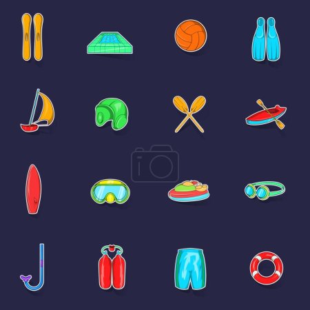 Ilustración de Iconos de deportes acuáticos conjunto colección stikers vector con sombra sobre fondo púrpura - Imagen libre de derechos