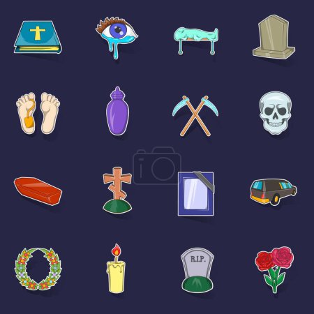 Illustration for Funeral Icons set stikers collection vector with shadow on purple background - Royalty Free Image