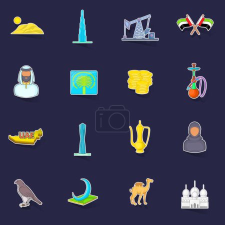 Téléchargez les illustrations : Icônes des Émirats arabes unis définir stikers collection vecteur avec ombre sur fond violet - en licence libre de droit