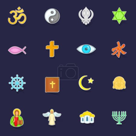 Ilustración de Iconos de religión conjunto stikers colección vector con sombra sobre fondo púrpura - Imagen libre de derechos