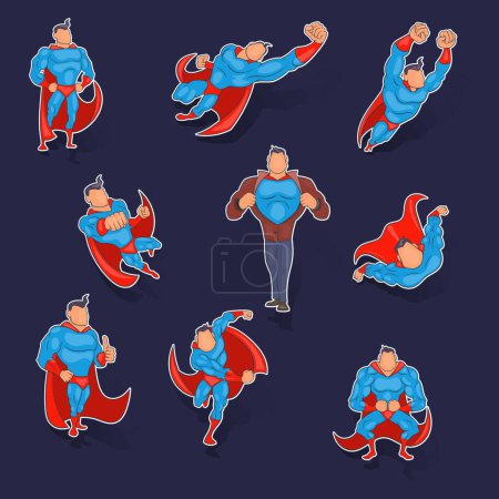Illustration for Superhero icons set stikers collection vector with shadow on purple background - Royalty Free Image