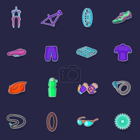 Ilustración de Ciclismo iconos conjunto stikers colección vector con sombra sobre fondo púrpura - Imagen libre de derechos
