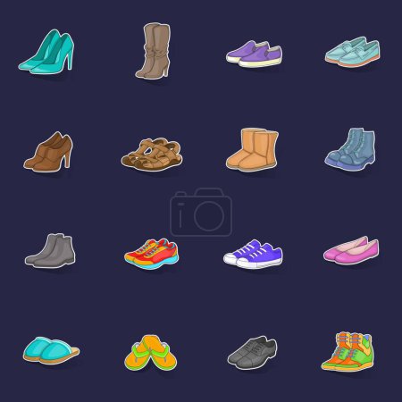 Téléchargez les illustrations : Icônes de chaussures définir stikers collection vecteur avec ombre sur fond violet - en licence libre de droit