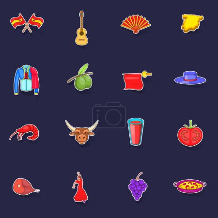 Illustration for Spain icons set stikers collection vector with shadow on purple background - Royalty Free Image