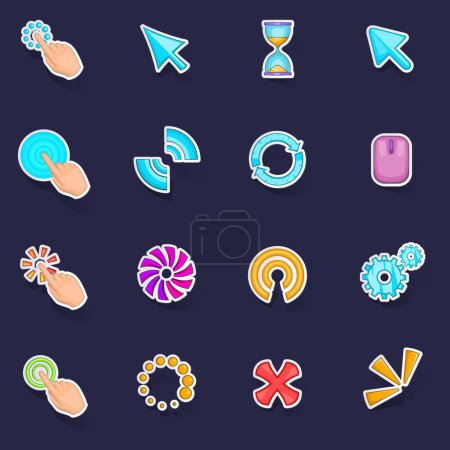 Illustration for Click cursors icons set stikers collection vector with shadow on purple background - Royalty Free Image