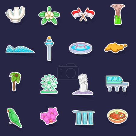 Téléchargez les illustrations : Singapour icônes de voyage ensemble stikers collection vecteur avec ombre sur fond violet - en licence libre de droit