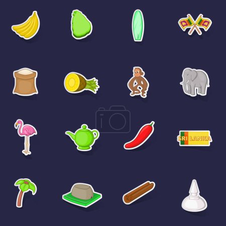 Illustration for Sri Lanka travel icons set stikers collection vector with shadow on purple background - Royalty Free Image