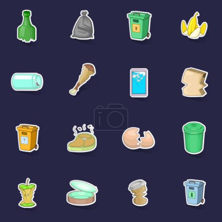 Illustration for Garbage items icons set stikers collection vector with shadow on purple background - Royalty Free Image