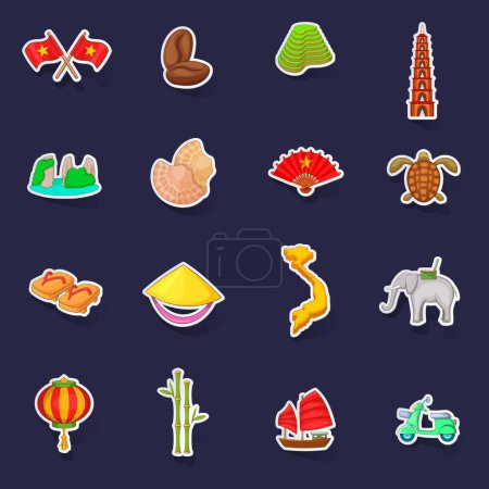 Illustration for Vietnam travel icons set stikers collection vector with shadow on purple background - Royalty Free Image
