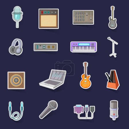 Ilustración de Grabación iconos de estudio set stikers colección vector con sombra sobre fondo púrpura - Imagen libre de derechos