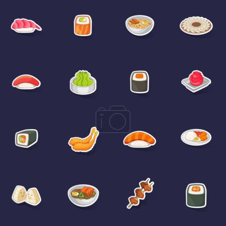 Ilustración de Iconos de comida japonesa conjunto stikers colección vector con sombra sobre fondo púrpura - Imagen libre de derechos