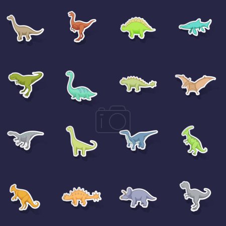 Illustration for Different dinosaurs icons set stikers collection vector with shadow on purple background - Royalty Free Image