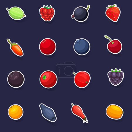 Illustration for Berries icons set stikers collection vector with shadow on purple background - Royalty Free Image