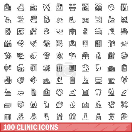 Ilustración de 100 iconos de la clínica. Esquema ilustración de 100 iconos clínicos vector conjunto aislado sobre fondo blanco - Imagen libre de derechos