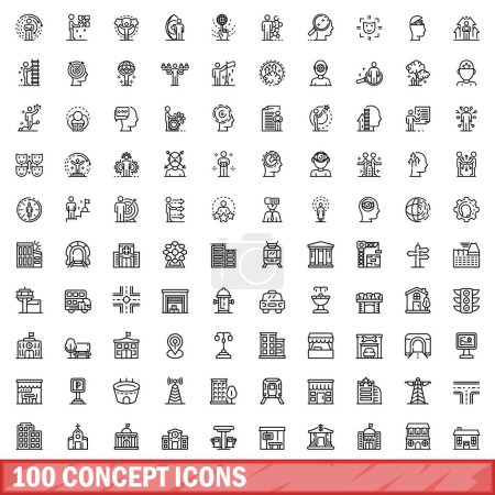 Téléchargez les illustrations : Ensemble de 100 icônes concept. Illustration schématique de l'ensemble vectoriel de 100 icônes conceptuelles isolées sur fond blanc - en licence libre de droit