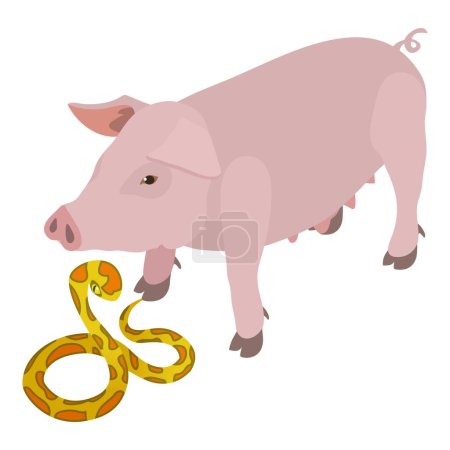 Illustration for Different animal icon isometric vector. Pink pig animal near tiger python icon. Biological diversity concept - Royalty Free Image