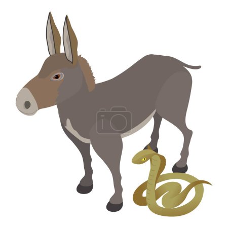 Illustration for Fauna concept icon isometric vector. Standing gray donkey near king cobra icon. Biological diversity concept - Royalty Free Image