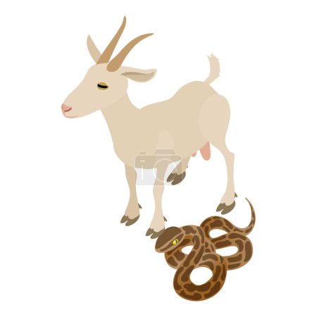 Illustration for Animal welfare icon isometric vector. White goat standing near boa constrictor. Biological diversity concept - Royalty Free Image