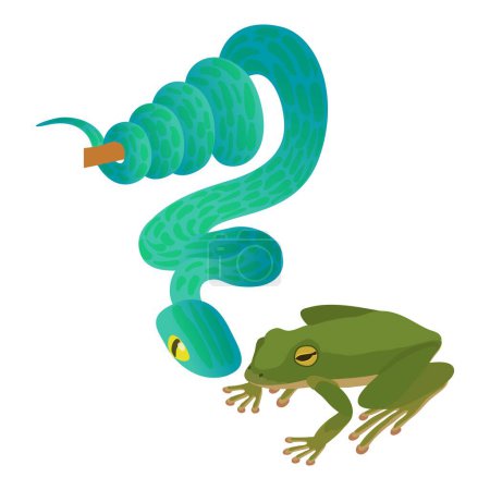 Icono de clase reptil vector isométrico. Gran serpiente azul en rama cerca de rana verde. Animal de sangre fría, concepto de diversidad biológica