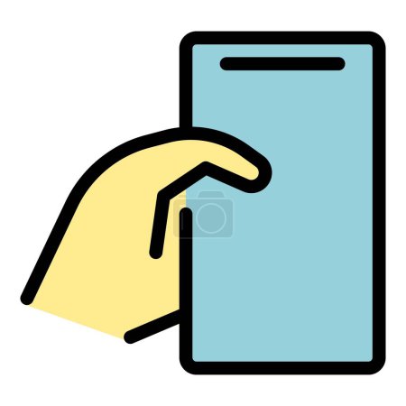 Ilustración de Mano sosteniendo vector contorno icono celular. Teléfono inteligente. Mantenga el color móvil plano - Imagen libre de derechos