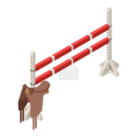 Ilustración de Icono de equitación vector isométrico. Sillín marrón caballo cerca de valla ecuestre. Deportes ecuestres, hobby - Imagen libre de derechos