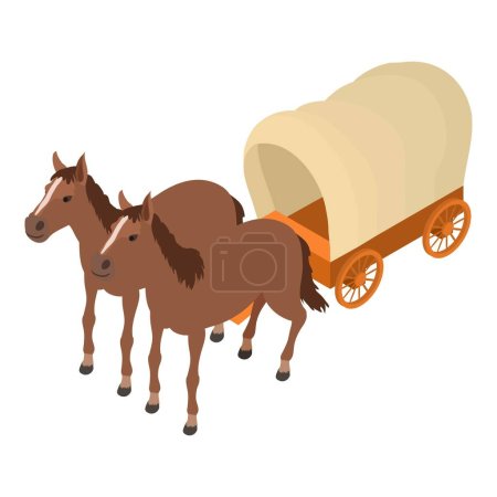Téléchargez les illustrations : Vintage wagon icône vecteur isométrique. Chariot en bois sauvage couvert d'ouest tiré par cheval. Chariot ouest sauvage - en licence libre de droit