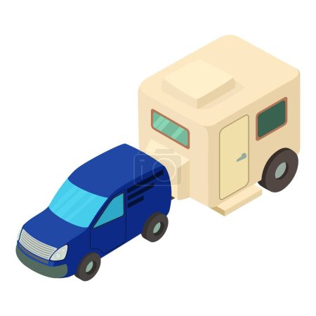 Illustration for Camping tourism icon isometric vector. New blue car towing camping trailer icon. Outdoor recreation, leisure, hobby - Royalty Free Image
