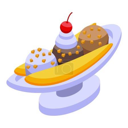 Illustration for Sundae banana split icon isometric vector. Cherry cream. Food dessert - Royalty Free Image