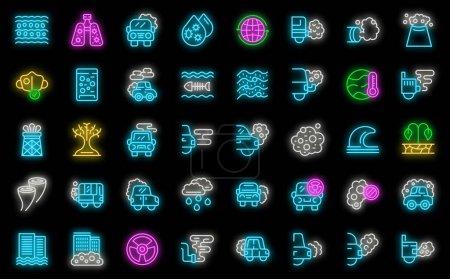 Illustration for Traffic fumes icons set outline vector. Climate gas. Car co2 neon color on black - Royalty Free Image