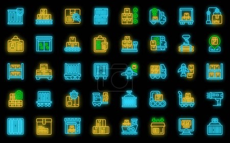 Illustration for Loading of goods icons set outline vector. Delivery package. Box cargo neon color on black - Royalty Free Image
