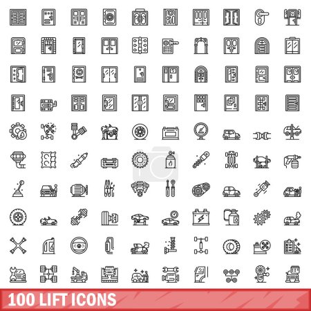 Téléchargez les illustrations : Ensemble de 100 icônes d'ascenseur. Illustration schématique de 100 icônes de levage ensemble vectoriel isolé sur fond blanc - en licence libre de droit