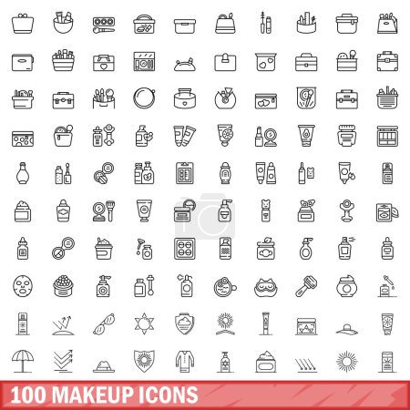 Téléchargez les illustrations : Ensemble de 100 icônes de maquillage. Illustration schématique de 100 icônes de maquillage ensemble vectoriel isolé sur fond blanc - en licence libre de droit