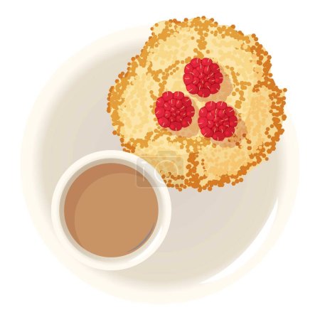 Pfannkuchen-Dessertsymbol isometrischer Vektor. Pfannkuchen mit Himbeere und Milchkaffee. Dessert, Frühstück, Ernährungskonzept